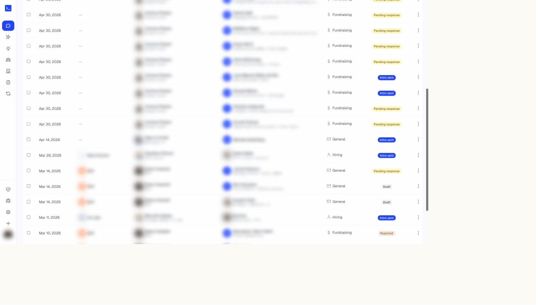 The NetworkOS introductions dashboard listing each introduction with its client and network contacts (names redacted), purpose, and status — Draft, Pending response, or Intro sent — above summary stats for intros sent, awaiting response, and response rate.